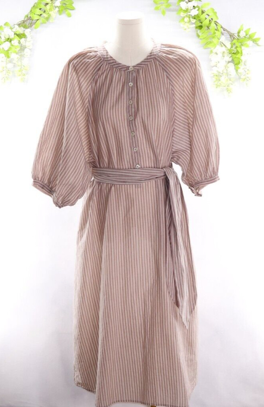 The Great Women's Large Puff Sleeve Striped Crew Neck Midi Cotton Dress